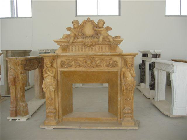 Beige marble fireplace mantel