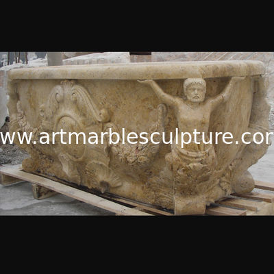 Hotel Deocration Beige travertine bathtub with figure statue carving for bathroom,china sculpture supplier
